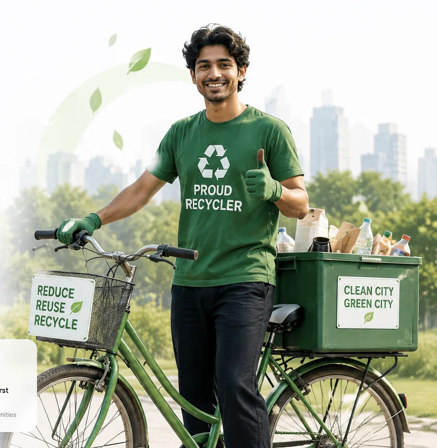 Proud recycler with collection bicycle